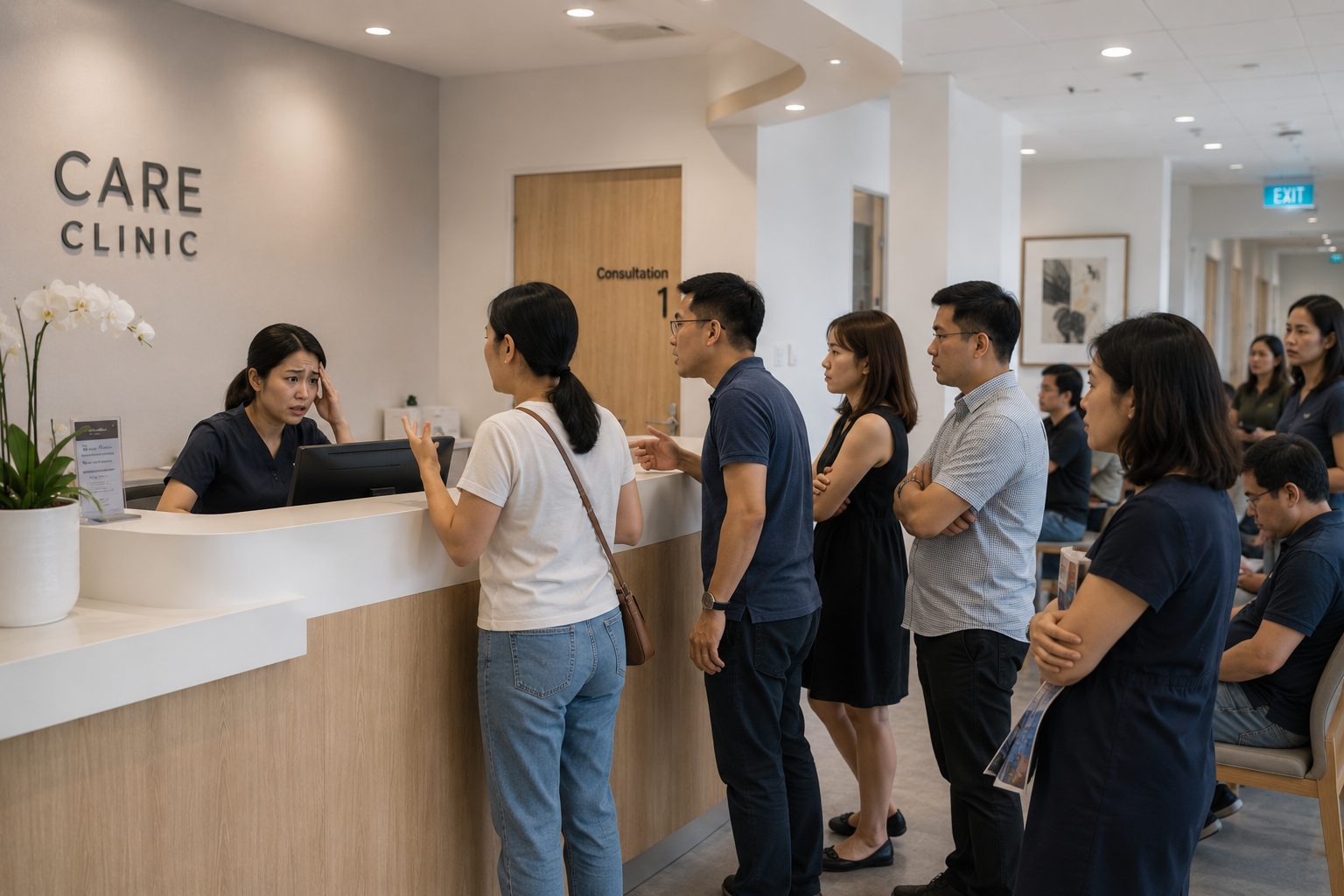 Busy clinic waiting area showing the queue pressure on staff and customers