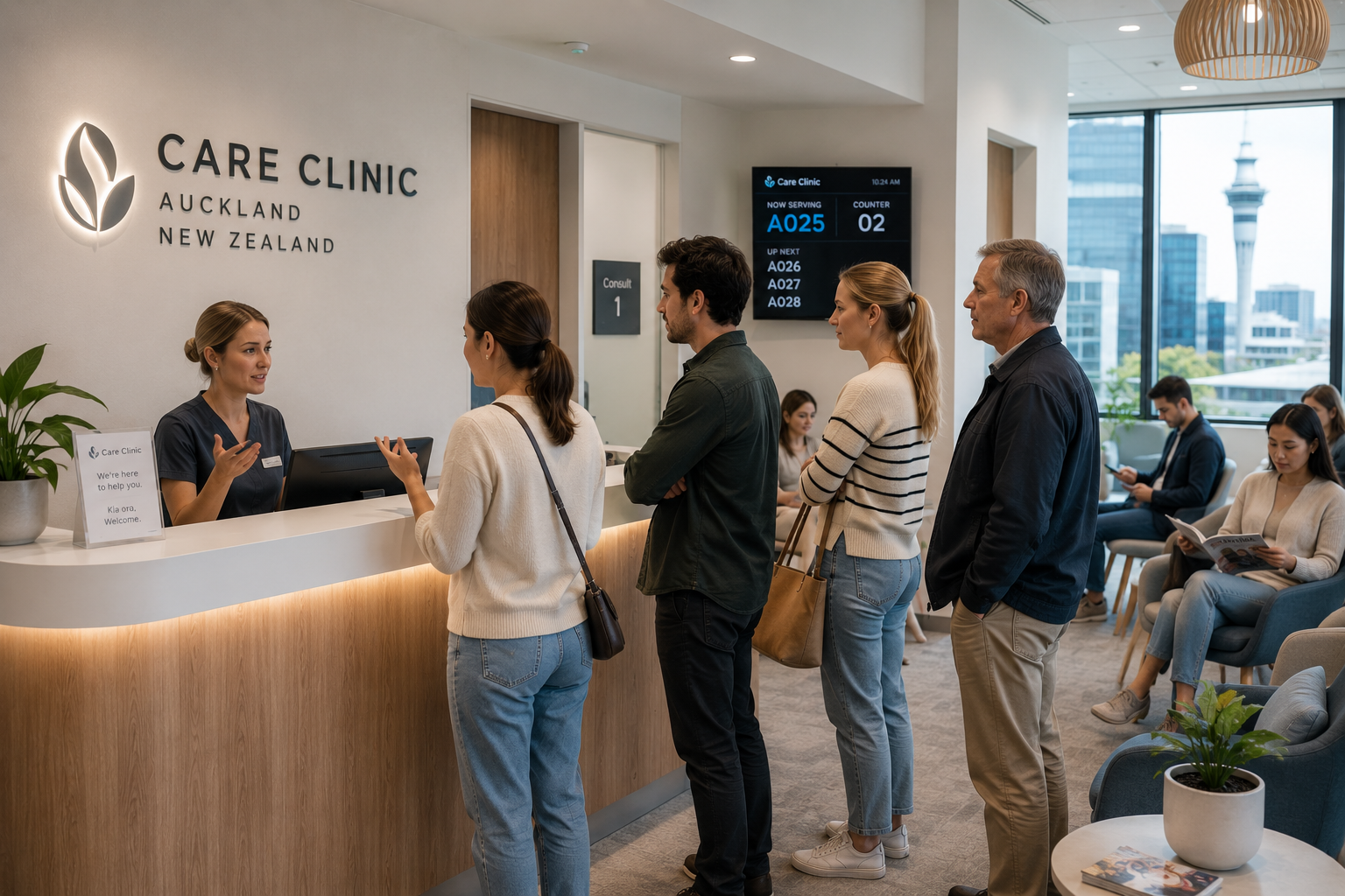Busy clinic waiting area with customers and staff