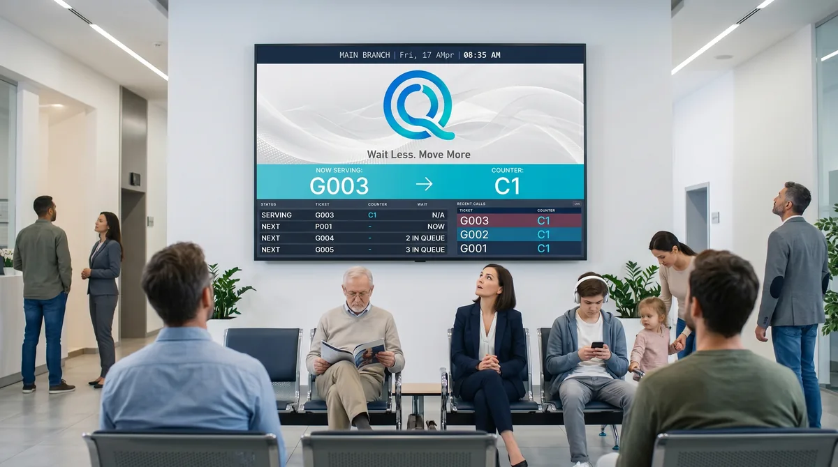 FlowQ dashboard and queue display shown across clinic devices