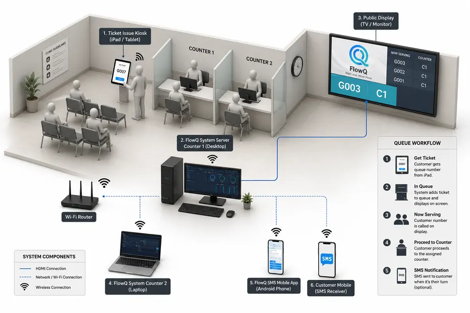 FlowQ local setup with kiosk, counter dashboard, public display, and SMS notification flow